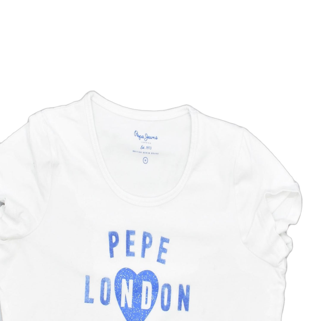 PEPE JEANS Womens Graphic T-Shirt Top UK 12 Medium White | Vintage | Thrift | Second-Hand | Used Clothing | Messina Hembry 